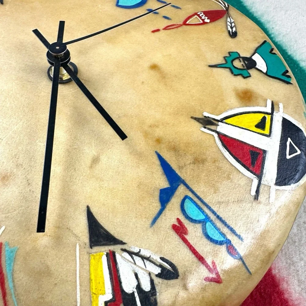 VTG Native American Clock Drum Cow Hyde Wood Symbols - WORKS‎ Artist 